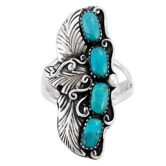 Oval Turquoise Feather Ring Sterling Silver Womens Southwest Statement Jewelry - Picture 2 of 7